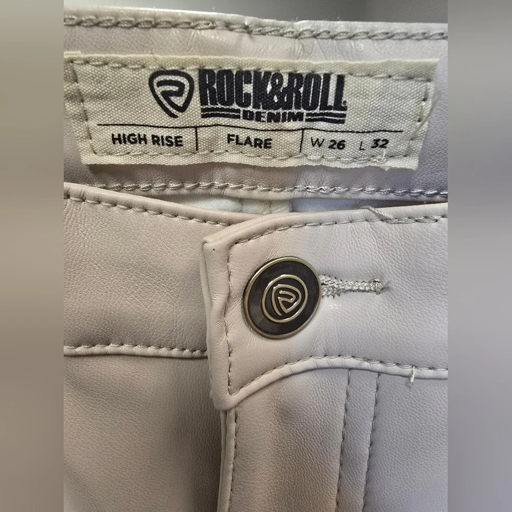 Rock & Roll Denim HIGH RISE EXTRA STRETCH FLARE FAUX LEATHER PANTS in Ivory - Picture 14 of 14